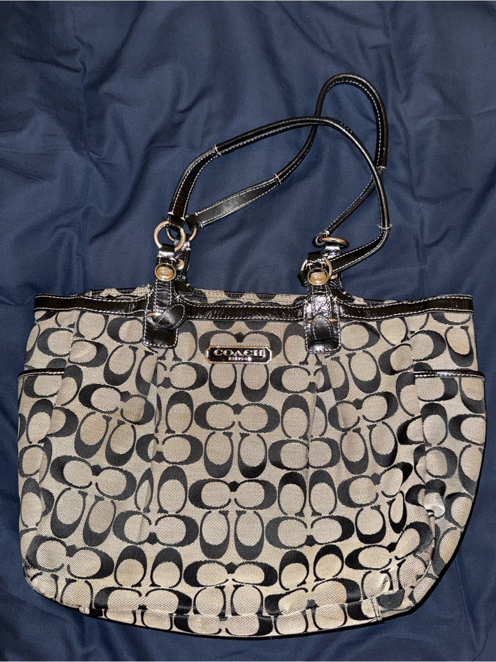 Coach Beige and Black Signature Tote with Leather Trim